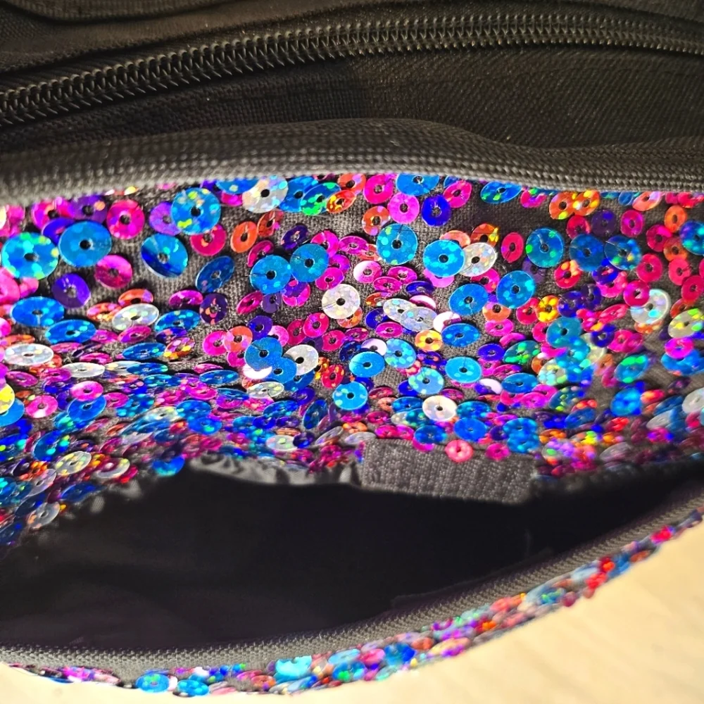 Justice Girls Black Messenger Bag Purple Silver Sequin Initial “R” Crossbody - Picture 9 of 16